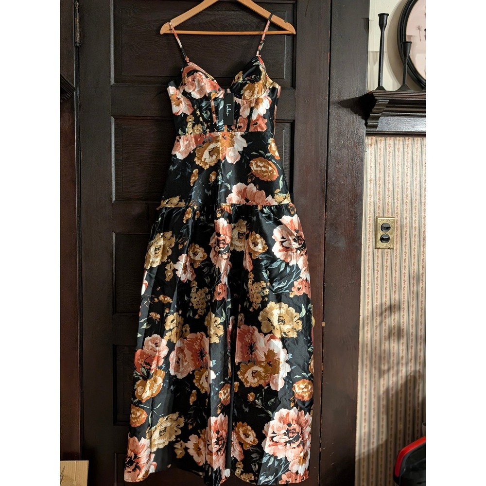 NWT Lulus Confident Delight Black Floral Tiered Bustier Maxi Dress Small - Picture 2 of 8